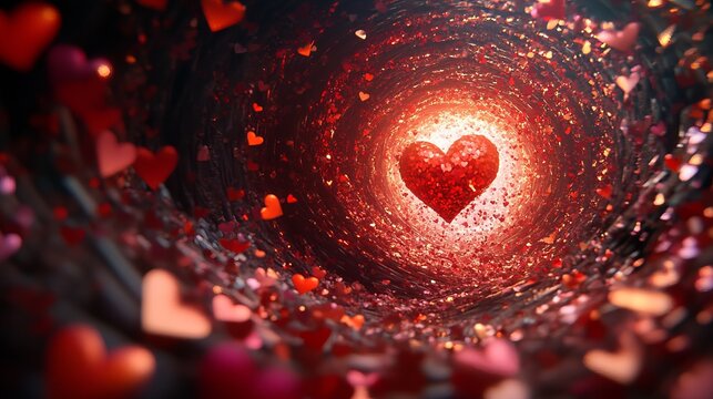 Bright red heart floats in a tunnel filled with many small heart shapes and light. - Powered by Adobe