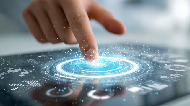 Person interacting with futuristic digital interface on tablet screen featuring glowing circular holographic elements and data visualizations in a modern technology conce