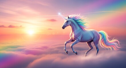 Magical Unicorn Running Through Clouds at Sunrise.