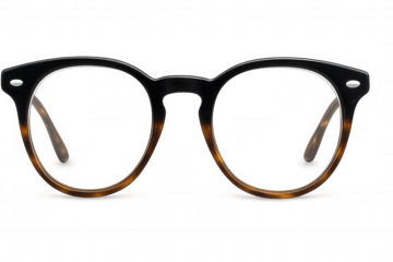 Round eyewear frame with tortoiseshell and black gradient design, transparent lenses, optical spectacles concept