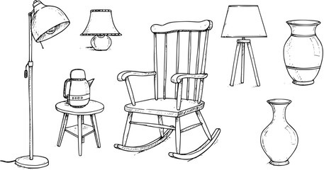 Hand-drawn sketch set of household items: floor lamp, table lamp, rocking chair, side table with thermos, and two vases.
