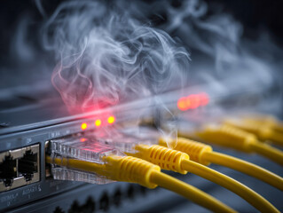 Network switch with multiple yellow cables emitting smoke and blinking red lights symbolizing overheating or hardware failure in a data center environment