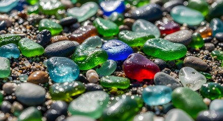 Sea Glass Treasures: An array of smooth, colorful sea glass pieces glistens on a sandy shore, evoking the tranquility and beauty of the ocean's embrace.