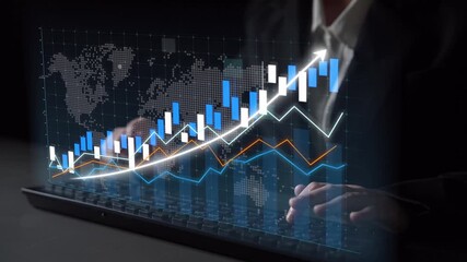 A businessman engages with a laptop displaying digital financial charts and data analytics, representing trends and growth in the modern economy and investment landscape. Copula - Powered by Adobe