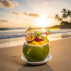 Tropical Coconut Drink Sunset Beach Relaxation.