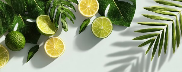 Tropical leaves and vibrant citrus fruits on a bright background