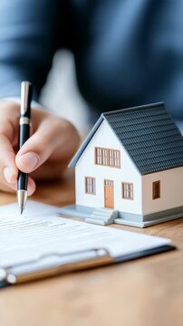 Signing real estate agreement with miniature house model on wooden desk