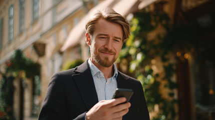 A modern and connected professional. A young businessman smiling while using his cell phone in an urban setting. Success and lifestyle for business, technology, and communication topics.