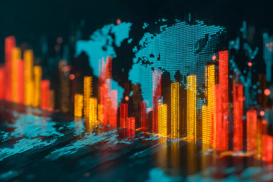 Digital world map with dynamic financial data and global analytics visualization - Powered by Adobe