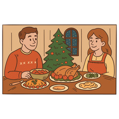 Cozy hand-drawn doodle illustration of a couple enjoying a festive Christmas dinner with roast turkey, appetizers, candles, and a decorated tree. Warm, homey holiday scene.

