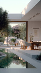 Inspiring architectural design. Modern, minimalist dining room with large glass opening to a lush garden and reflecting pool. Natural luxury for advertising and decoration.