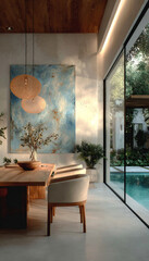 Minimalist and luxurious dining room. Abstract blue art, wooden table, upholstered chairs, and wood-paneled ceiling. Panoramic windows overlooking the pool. Sophisticated design.