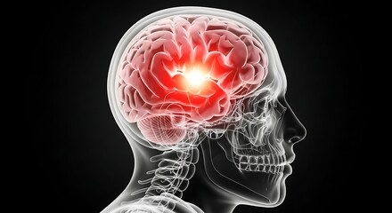 Human Brain Inside Skull with Bright Red Area Highlighting Brain Activity and Pain