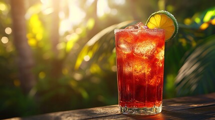 Red cocktail with ice is garnished with a lime slice on a wooden table against a blurred outdoor tropical backdrop.