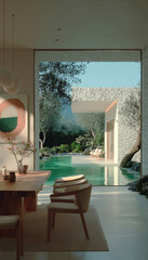 Modern design with pool and garden views. Minimalist dining room and textured stone architecture. Luxurious indoor-outdoor living with natural light. Resort-style decor.