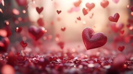 Obraz premium Red heart shapes are fluttering and scattered on a blurred warm-toned background, creating a romantic atmosphere.