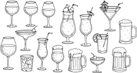 Hand-Drawn Drinks Illustration: Wine, Cocktails  Beer Sketch