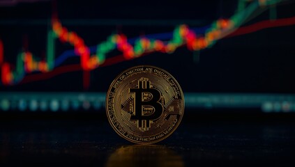 Shiny bitcoin coin before volatile crypto chart