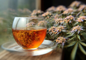 Natural Health: Cannabis Tea for Relaxation. A glass cup of herbal tea (infused with CBD) in the foreground, with purple cannabis flowers in the background, representing well-being, natural medicine, 