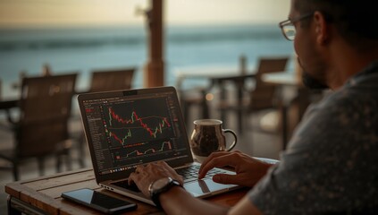 Beachside cafe digital nomad trading laptop