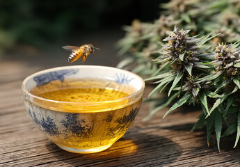 Cannabis, Honey, and Natural Wellness. A bee hovers over a bowl of honey or cannabis tea with purple marijuana (CBD) flowers in the background, symbolizing natural medicine, organic products, and ecol