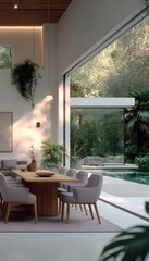 Indoor-outdoor integration and residential luxury. Minimalist dining room with a wooden table, upholstered chairs, and a giant sliding window that opens to the pool and tropical garden, celebrating mo