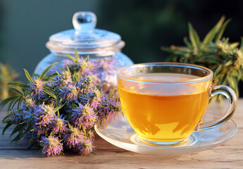 Herbal Tea and Natural Wellness. Hot tea in a glass cup with lemon balm flowers (Melissa officinalis) and a cannabis plant in the background, highlighting natural medicine and relaxation.