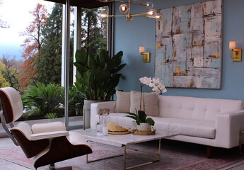 Modern Elegance and Panoramic Views. Mid-Century Modern living room with an Eames armchair, white sofa, abstract art, and floor-to-ceiling windows overlooking nature, emphasizing residential luxury.