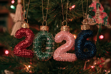 Colorful, shiny ornaments spelling out the year "2026" hang from a lit Christmas tree. It represents New Year's celebration, hope, the calendar, and the Christmas spirit.