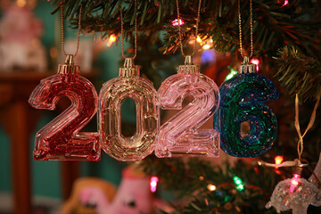 Glittering ornaments forming the number "2026" hang from a Christmas tree with colorful lights. It represents celebration, New Year, future planning, and the holiday spirit.