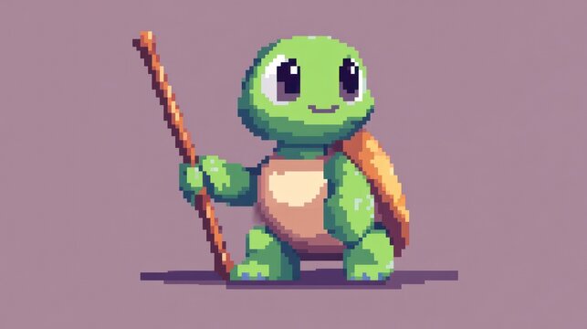 Adorable pixel art turtle holding a staff