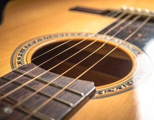 Fototapeta premium Close-up of wooden acoustic guitar strings reflecting soft studio light.