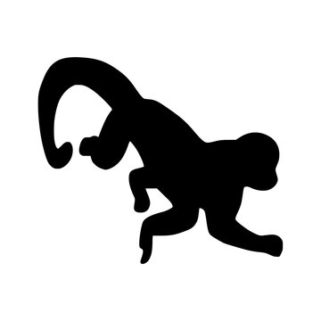 Solid black capuchin monkey swinging silhouette logo. Vector illustration design, symbol icon character on white background sign.