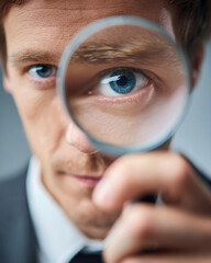 Close-up of a man in business attire looking through a magnifying glass, with a look of focus and curiosity. Representing analysis, detective work, market research, and the search for solutions.