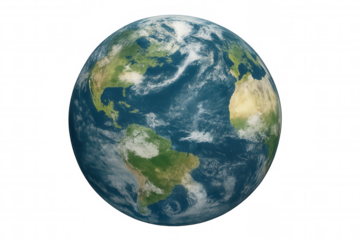 Global earth showing north and south america, europe, africa, and atlantic ocean on transparent background