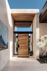 A modern and imposing entrance with a solid wood door and black frame, framed by neutral-toned travertine walls. Luxurious and minimalist design with a wooden ceiling and abstract art.