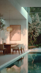 Minimalist dining room with modern architecture. The design opens to the pool and lush garden, bathed in soft evening light. Luxury, serenity, and integration.
