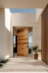 The main entrance of a modern home with minimalist architecture and a wooden pivot gate. The light stone facade basks in the sunlight, conveying luxury, design, and a welcoming atmosphere.