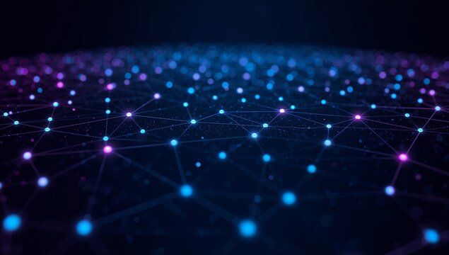 Global tech network grid in blue and purple