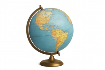 Globe showing continents for travel, education, and geography exploration, transparent background cutout