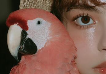 Close-up of a young woman with soft makeup and a Red-and-green Macaw. The focus is on beauty, color, and the connection between humans and nature.