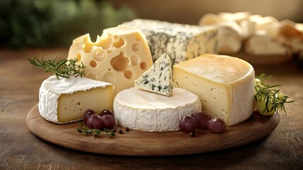 Assorted cheeses are arranged artfully on a wooden board with rosemary sprigs and red grapes, creating a savory display.
