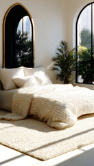 Minimalist bedroom with a Mediterranean aesthetic. Arched windows, neutral decor, and a cozy bed with a plush blanket. Natural light and boho-chic interior design.