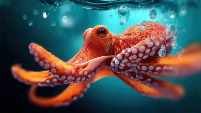 Colorful Octopus Swimming Gracefully in a Vibrant Underwater Scene With Droplets of Water