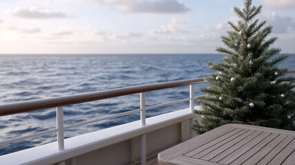 Luxury Christmas tree on yacht deck with calm sea view at sunset. Elegant holiday celebration at sea, minimalistic style