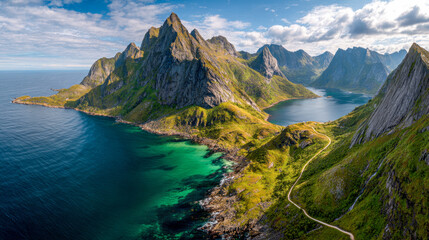 Obraz premium Scenic panoramic view of rugged green mountains towering over turquoise coastal waters with a winding road leading through the lush landscape under a partly cloudy sky