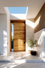 Minimalist main entrance with a pivoting wooden door. Skylight, travertine walls, and strong natural light. Contemporary architecture, luxurious interior design.