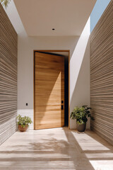 Minimalist main entrance with a pivoting wooden door. Travertine walls and strong natural light. Contemporary architecture, sophisticated interior design, and plants.