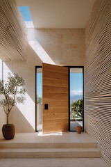 The main entrance of a luxurious home. Pivoting wooden door, travertine walls, and natural light. Minimalist architecture and sophisticated interior design.