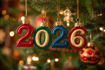 Christmas ornaments with the year 2026 hanging on a Christmas tree with lights and decorations. Blurred background, New Year, party, celebration, and holidays.